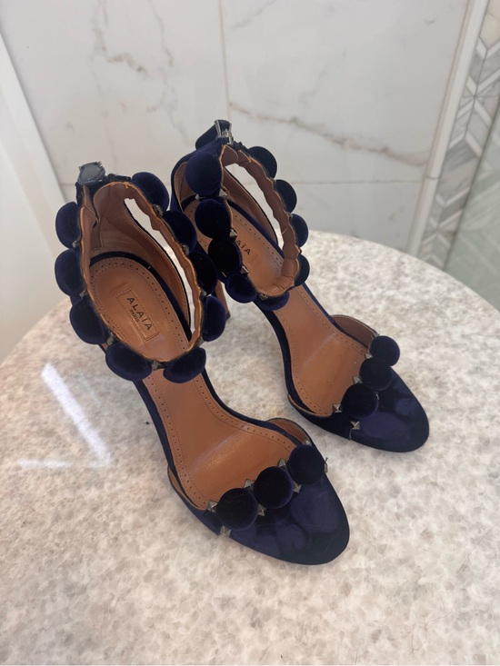 Alaia Shoes - Alaia Navy Satin Pom-Pom Ankle-Strap Heels